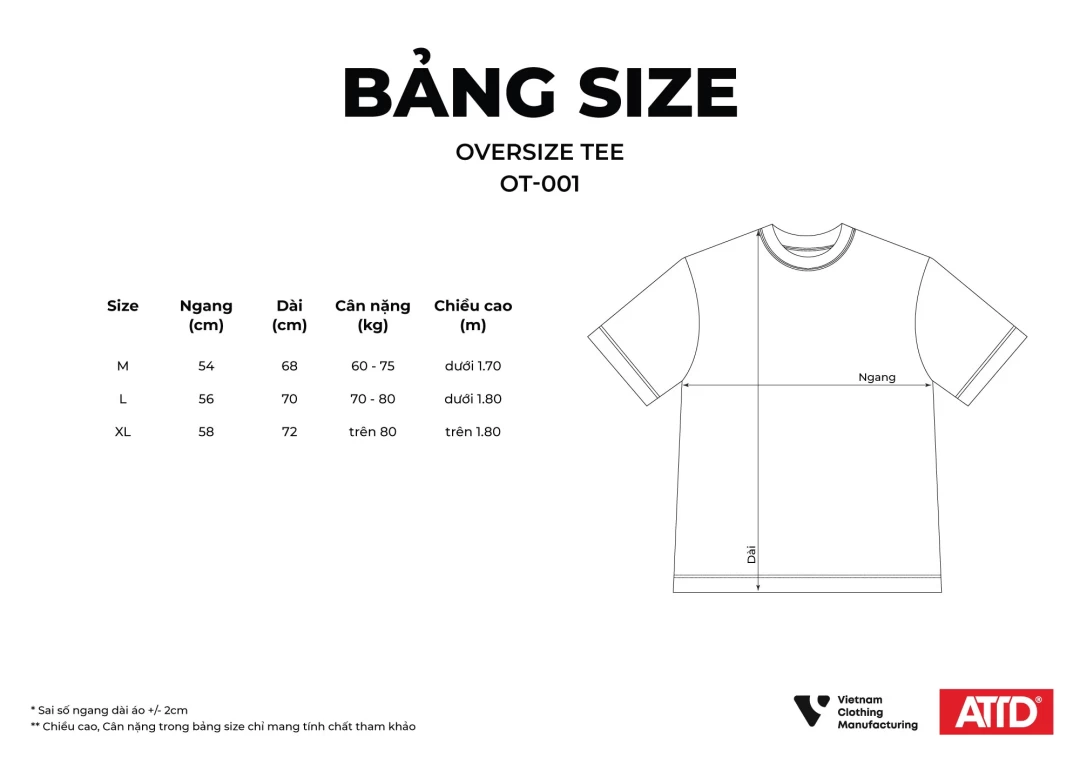 Bảng màu, bảng size áo thun cổ tròn oversize OT-001